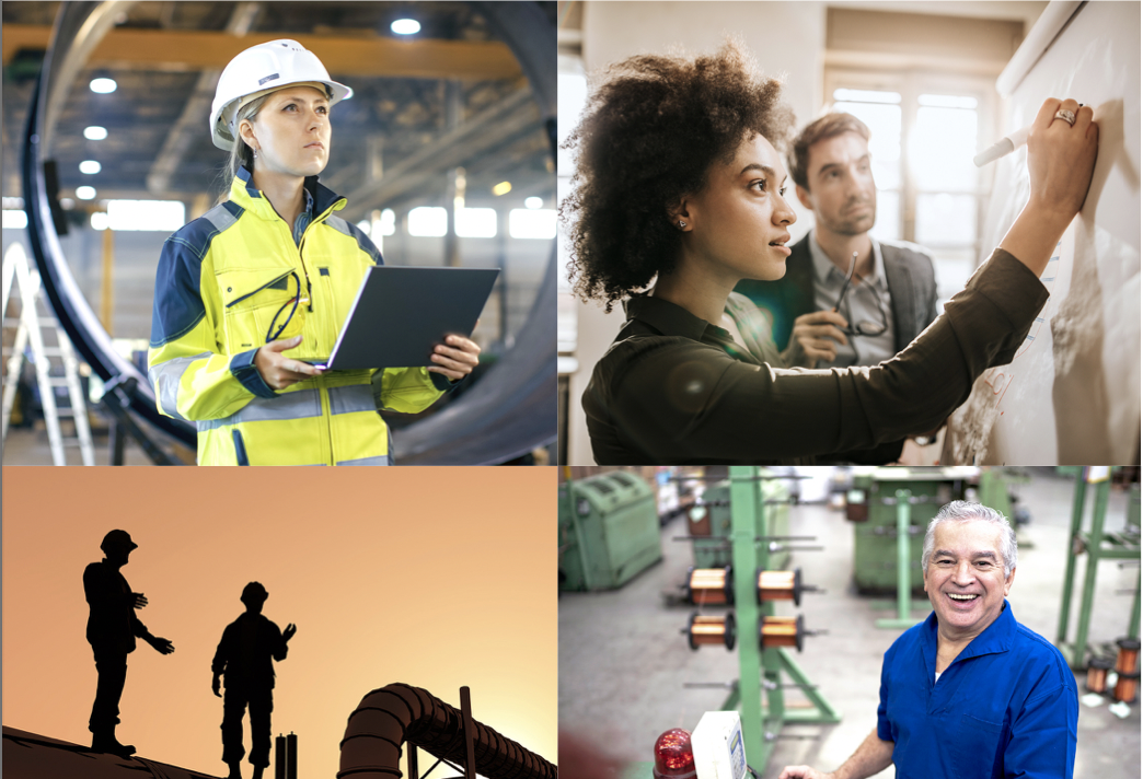 Four images of energy workers in a variety of environments.